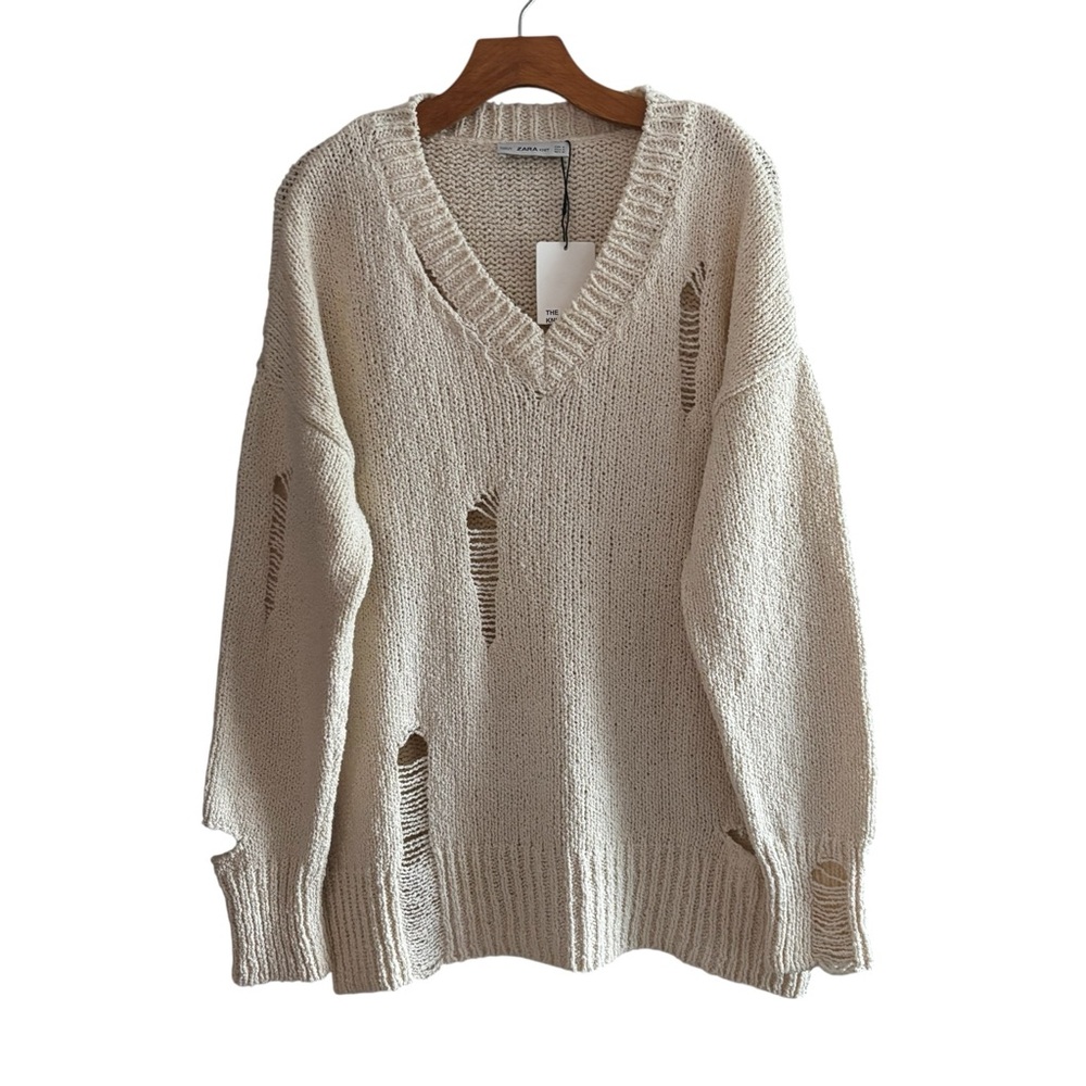 Zara Cream Distressed V-Neck Sweater